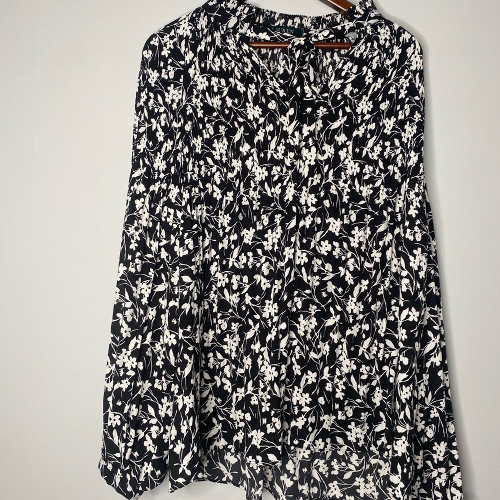 Ralph Lauren Black and White Long Sleeve Mandarin Collar Blouse Size 20/2x